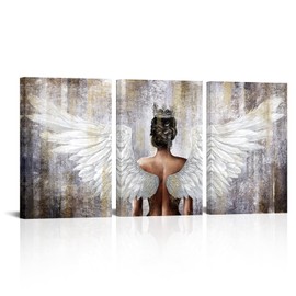OuElegent Gold And Grey Angel Wings Wall Art Canvas Prints Girl Wearing Crown Contemporary Artwork for Living Room Bedroom Decor Framed 16"x24"x3pcs (Grey, Medium)