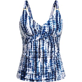 Women Blue Tie Dye Tankini Top Only - Tummy Control Bathing Suit Top V Neck Twist Front Swim Tank No Bottom 2025 XL