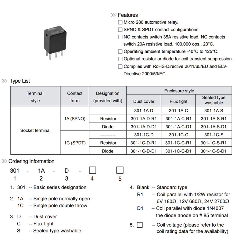 2Pcs 301-1C-S-R1 12VDC 35A 5Pins Automotive Relay
