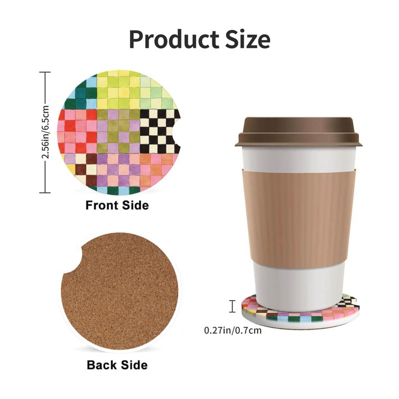 Checkered 2 Pack Car Cup Holder Coasters Absorbent Ceramic Coaster
