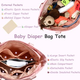 FCQQYWZ Quilted Diaper Bag Tote for Baby Bags with Changing Pad, Large Mommy Bag for Women Travel Maternity Bag, Shoulder Diaper Bag Nappy Storage Tote Bag Travel Hospital-Pink