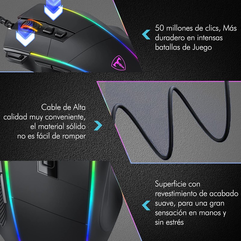 TERPORT S608 Mouse Gaming con Iluminación RGB Personalizable, Hasta 8000
