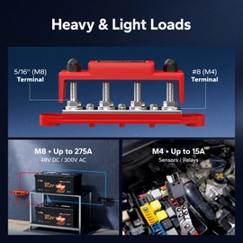 LiTime 275A Bus Bar, 4 ×5/16''(M8) Studs, 6 × #8(M4) Screws, Red and Black