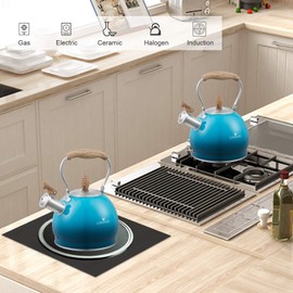 Creative Home 2.6 Qt. Stainless Steel Whistling Tea Kettle Teapot with Aluminum Capsulated Bottom for Fast Boiling Heat Water, for Induction Stove Top, Blue