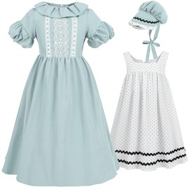 FCCAM Colonial Costume Girls Puffy Sleeves Prairie Pioneer Dress with Apron Amish Outfit Blue L