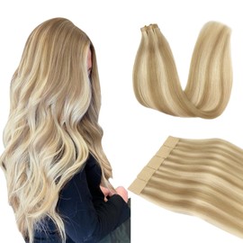 DOORES Real Hair Tape-In Extensions, Dirty Blonde Highlights Bleach Blonde, 60 cm (24 Inches), 50 g, 20 Pieces, Hair Extensions, Real Hair, Remy Hair, Natural Hair