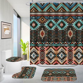 ALIEYE Bohemian Aztec 4 - Piece Bathroom Set - Shower Curtain, Non - Slip Rugs, Toilet Lid Cover, Tribal Geometric Pattern, Machine Washable (with 12 Hooks)