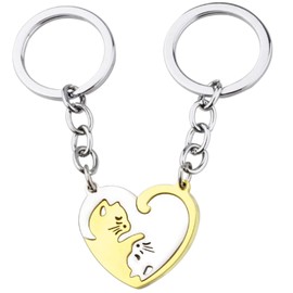 fogman Cat Pair Key Chain Couples Matching Heart Shaped Cute Anniversary Gift, gold silver