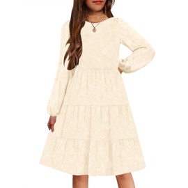 YOVION Lace Flower Girls Dress Lantern Long Sleeve Flared A-Line Wedding Dresses with Pockets for 12-13 Years Apricot