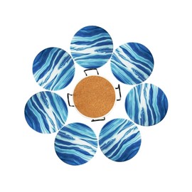 8 Pieces Set of Drink Coaster with Metal Coaster Holder, Marble Style Pattern, Cork and Ceramic Material, Easy to Absorb Water, for Restaurants, Living Rooms, Bars, Cafes,Mlfklmkl (Blue)