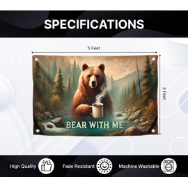 3x5 Ft Funny Polyester Flag "Bear Vith Me" with Four Brass Grommets - College Animals Banners for Teen Boys Girls Men - The Bear Drinks Coffee Banner Wall Decor for Home - Flags for Outdoor or Indoor