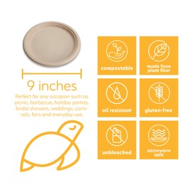 100% Compostable Disposable Paper Plates Bulk [9" 125 Pack], Bamboo Plates, Eco Friendly, Biodegradable, Sturdy Large Dinner Party Plates, Heavy-Duty, Unbleached by Earth's Natural Alternative
