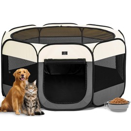 Dog Playpen for Small Dogs & Puppies, 50.39" Portable Indoor Outdoor Puppy Playpen with Bowl, Waterproof Floor, Foldable Pop-Up Pet Pen for Home, Travel & Daily Use, Grey+Beige