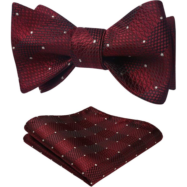 HISDERN Mens Bowties Self Tie Wine Red Plaid Polka Dots