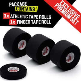Summum Fit Black Athletic Tape Extremely Strong: 3 Rolls + 1 Finger Roll. Easy to Apply & No Residue. Sports Tape Athletic for Boxing Football Climbing or Gymnastics for Wrist Ankle & Hand Protection