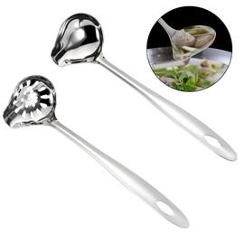 2 Pcs Duckbill Serving Spoon, with Pouring Spout, Soup Ladle Spoon, Slotted Spoon, Gravy Spoon, Sauce Spoon, Cooking Spoon, Kitchen Utensils Set, Stainless Steel