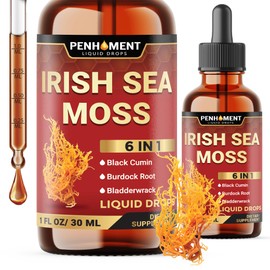 Penhoment 6in1 Sea Moss Drops with Black Seed Oil Irish Seamoss, Ashwagandha, Burdock Root & Bladderwrack - Multimineral Liquid Vegan - 1FL Oz - 30 Day Supply