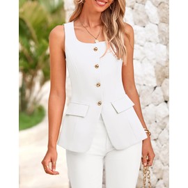 BTFBM Womens Sleeveless Suit Vests Dressy Casual Square Neck Business Work Waistcoat Summer Button Up Blazer Vest Tops(White, XX-Large)