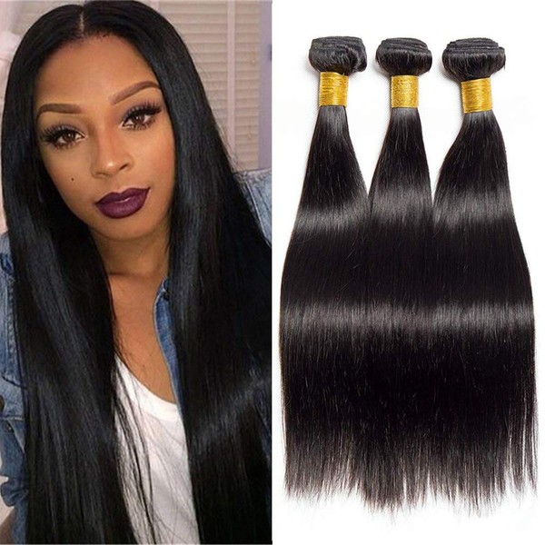 Brazilian Wig Women's Black Wig Real Hair Long Straight Wigs 3 Bundles 100% Human Hair for Women / Girls / Afro Natural Dark (16 inches)