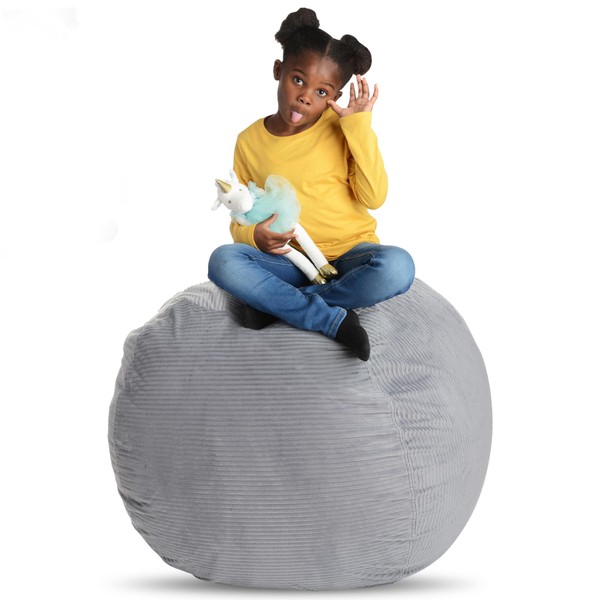 Creative QT Stuff ’n Sit Large 33’’ Bean Bag Storage Cover for Stuffed Animals & Toys – Light Gray Corduroy – Toddler & Kids’ Rooms Organizer – Beanbag Makes Great Plush Toy Hammock Alternative