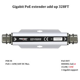 PROCET Gigabit PoE Extender Outdoor 30W PoE+ Extra 328FT Long Range Expand with 6KV PoE Surge Protection, Wide Temp -40℉ to 149℉, Aluminum Alloy IP67 PoE Repeater, PT-PEX01G-OT