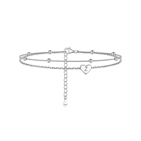 PROSILVER 925 Sterling Silver Heart Initial Anklet for Women Double