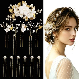 12 Pcs Flower Pearl Wedding Hair Pins for Women, Elegant Gold Rhinestone Hair Accessories Leaf Bridal Styling Pins Hair Clip Headpiece Jewelry for Brides & Bridesmaids