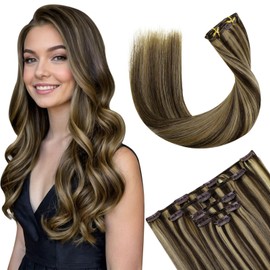 Hetto Clip in Hair Extensions Real Human Hair 22 Inch Clip in Hair Extensions Brown Highlights Human Hair Clip in Extensions Long Straight #4 Highlight #27 Honey Blonde 80g
