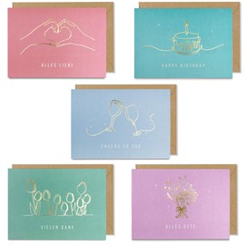 5 x cards for different occasions (birthday, wedding) - thank you cards, greeting cards - with hot foil embossing - includes envelopes - DIN A6 folding cards