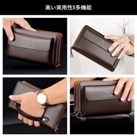 Whatna 2-Way Leather Mini Second Bag, Men's, Smaller, Clutch Bag, Long Wallet, Double Round Zipper, Coin Pocket, 7 Card Storage, Hand Held Bag, Men's, Wedding Bag, Formal, Business, Funerals, Black,