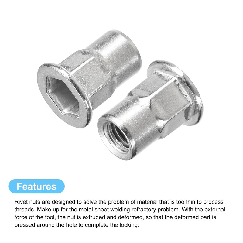 sourcing map M6 Half Hex Body Rivet Nuts, 60pcs 304