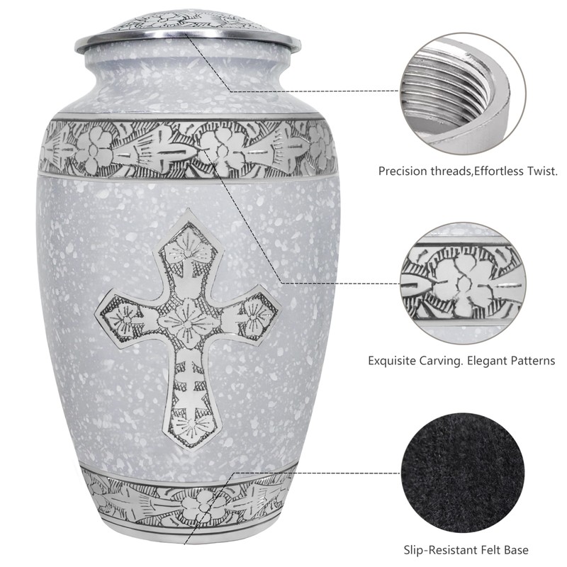 Cremation Urns for Women, White Engraved Cross Large Funeral Urn