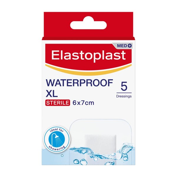 Elastoplast Waterproof XL Med+ Dressings (5 Pieces), Pack of First Aid Plasters, Large Plasters for Post-Operative Wounds, Waterproof Sterile Dressing for Wounds, 0% Latex, Flexible Material, Clear