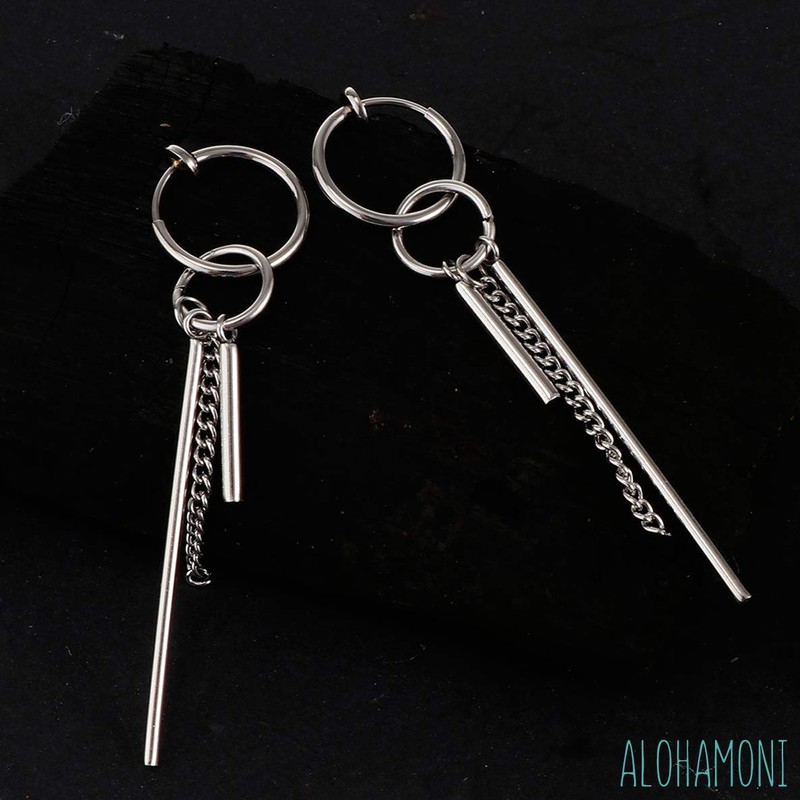 ALOHAMONI BTS Jungkook Hoop Earrings, Rods and Chains, 3-Chain Design,