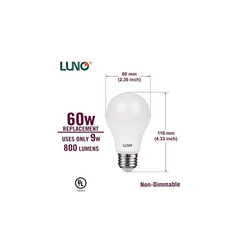 LUNO A19 Non-Dimmable LED Bulb, 9.0W (60W Equivalent), 800 Lumens,