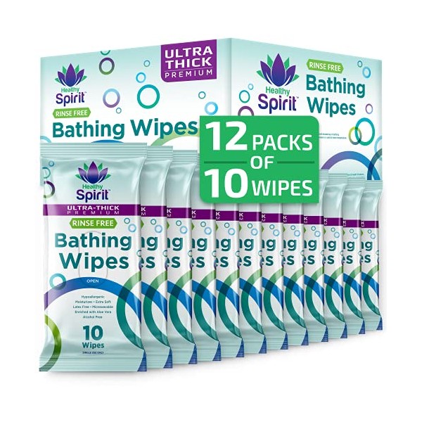 Healthy Spirit Rinse Free Body Wipes, Ultra-Thick Premium - 10 Wipes Per Pack - Box of 12 Packs (120 Wipes) (HSNRBWU10-12)