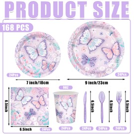 168pcs Butterfly Birthday Party Supplies Butterfly Plates Napkins Cups Disposable Party Tableware Set Birthday Party Decorations for Girls Serve 24 Guests