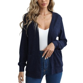 Argstar Women's Cardigan Sweater with 4 Pockets, Knit Long Sleeve Casual Lightweight Open Front Navy Blue L