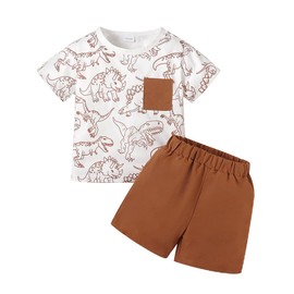 UUAISSO Kleinkind Baby Jungen Sommerkleidung Kurzarm Dinosaurier Taschen Top und Einfarbige Shorts Baby Jungen Outfits Set Braun 2–3 Jahre