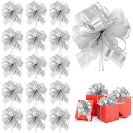 AMCAMI 20 Pieces Christmas Pull Bows for Gift Wrapping Big Sliver Organza Ribbon for Gift Baskets Wine Bottles Floral Decoration Ribbon and Bows for Wedding Party Car Decoration