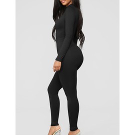 Mokoru Women's Sexy Bodycon Long Sleeve One Piece Jumpsuits Full Length Club Rompers,Large,Black