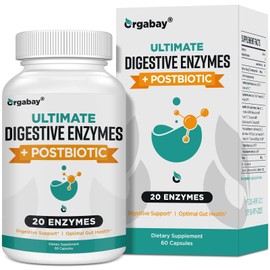 Orgabay Enzimas digestivas de 1000 mg con posbióticos, mezcla de 20 enzimas para la hinchazón, la digestión óptima y la función intestinal, 60...     
