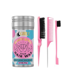 Girly Premium Hair Wax Stick & Slick Back Pink Hair Brush for Tame Flyaways, Frizz, Sleek Ponytail, Buns | Pomade/Balm/Gel Stick for Woman, Styling Accessories for Girls, Kids