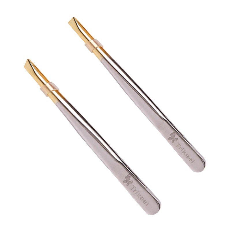 SAFIGLE 2sets Electroplated Stainless Steel Eyebrow Tweezers Flat and Oblique