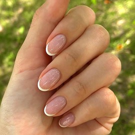 White French Tip Press on Nails Medium Oval False Nails Glossy Artificial Glue on Nail Reusable Natural Stick on Nail for Women