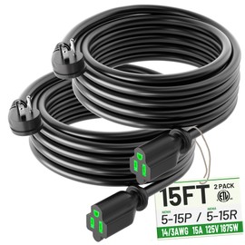 POWGRN 2 Pack 15 Foot Flat Plug Extension Cord Black, 14/3 Gauge Indoor Short Extension Cable, 15A 1875W 125V 14AWG, 3 Prong Low Profile Power Cord, ETL Listed