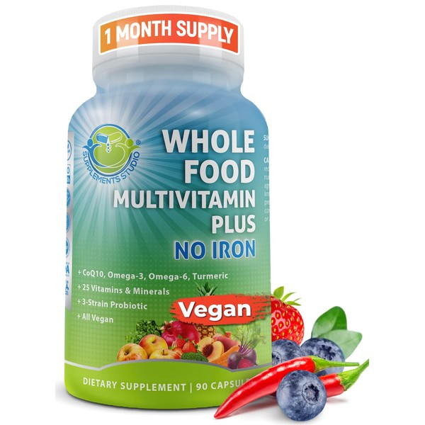 Vegan Whole Food Multivitamin without Iron, Daily Multivitamin for Men and Women, Organic Fruits & Vegetables, B-Complex, Probiotics, Enzymes, CoQ10, Omegas, Turmeric, All Natural, Non-GMO, 90 Count