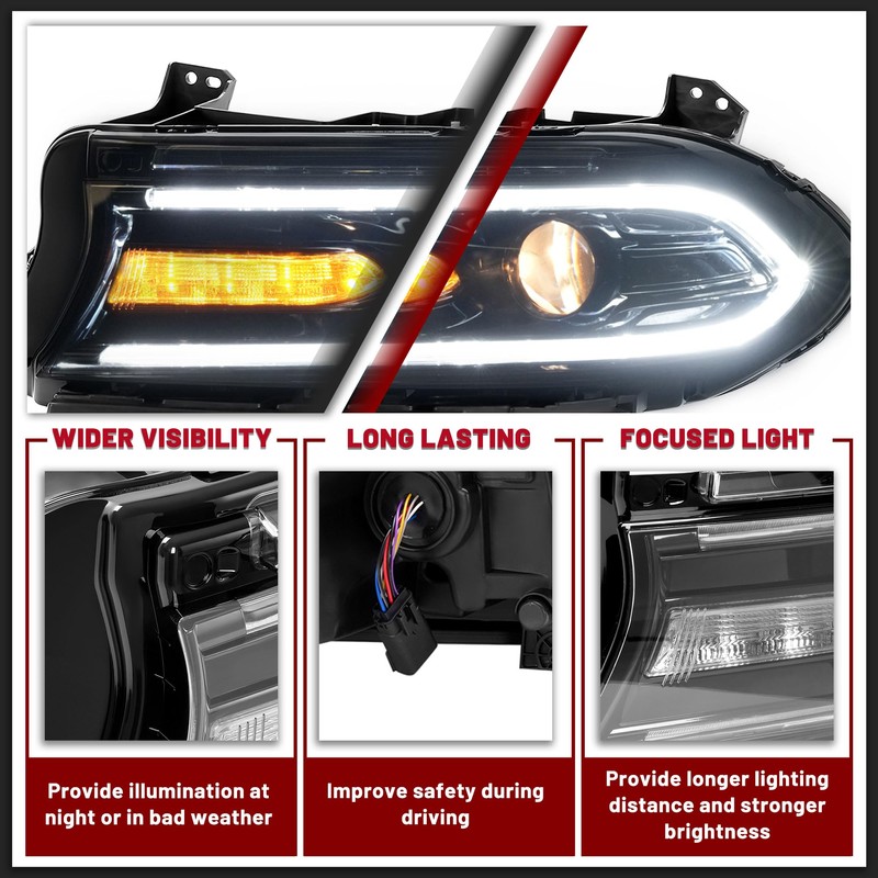 HECASA Left Headlight Assembly with Bulb&LED Compatible with 2015-2023 Dodge