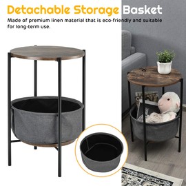 Giantex End Table Round Sofa Side Table W/Durable Storage Fabric Basket,Steel Frame, Mufti-Functional Compact Table Engineered Wood Nightstand (2, Brown&Gray)