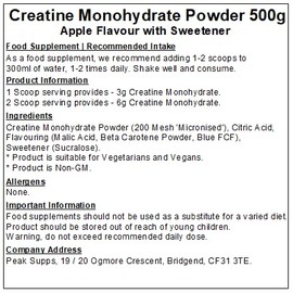 Peak Supps Creatine Monohydrate Powder - Apple Flavour - Micronised (500g)